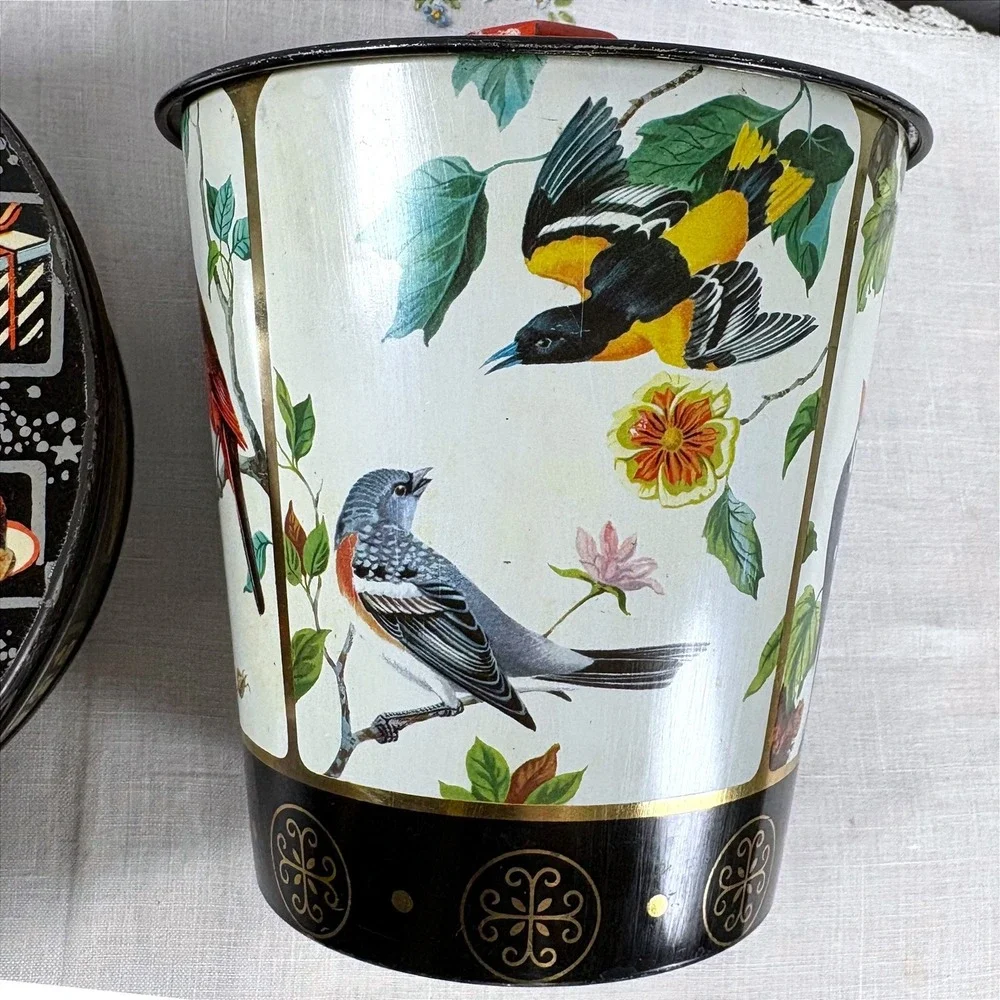 Vintage Made in England Metal Tin Set Holiday Turkey & Botanical Bird Canister